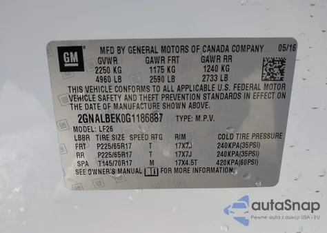2016 Chevrolet Equinox Ls из США, поврежденный, VIN 2GNALBEK0G1186887